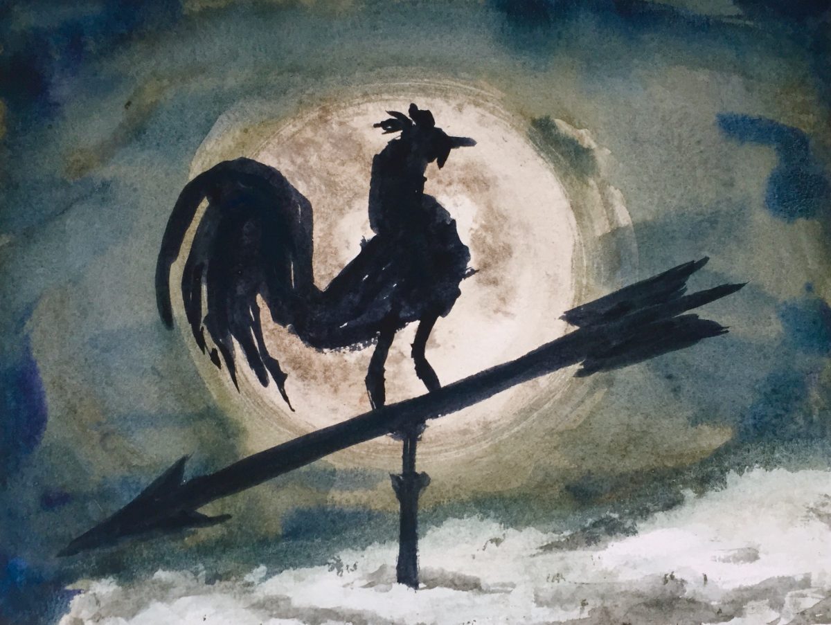 Watercolor: a rooster weathervane silhouetted against the moon