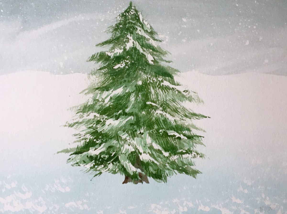 Watercolor: a lone fir tree in falling snow