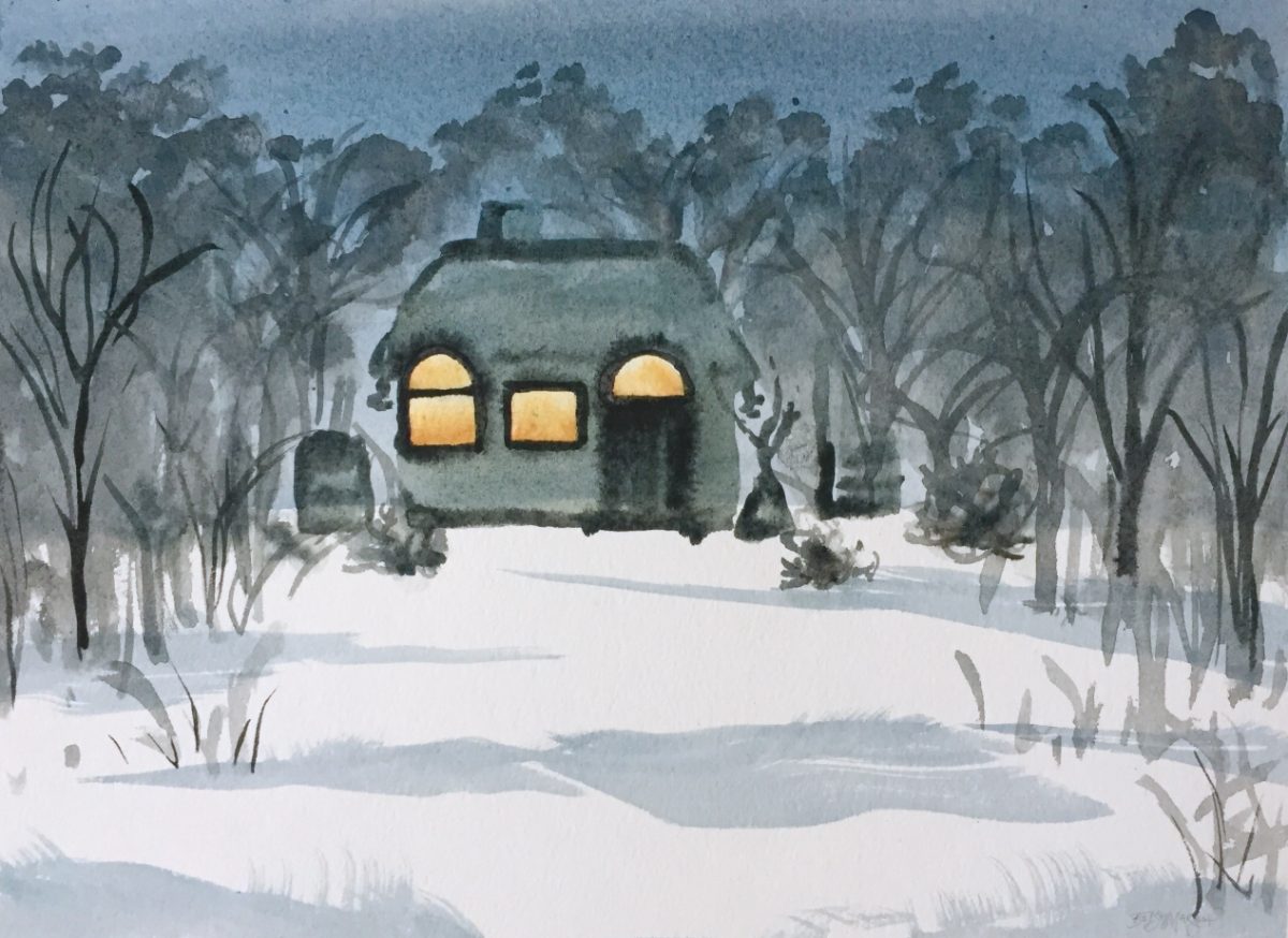 Watercolor: a cottage with lit windows in a snowy wood