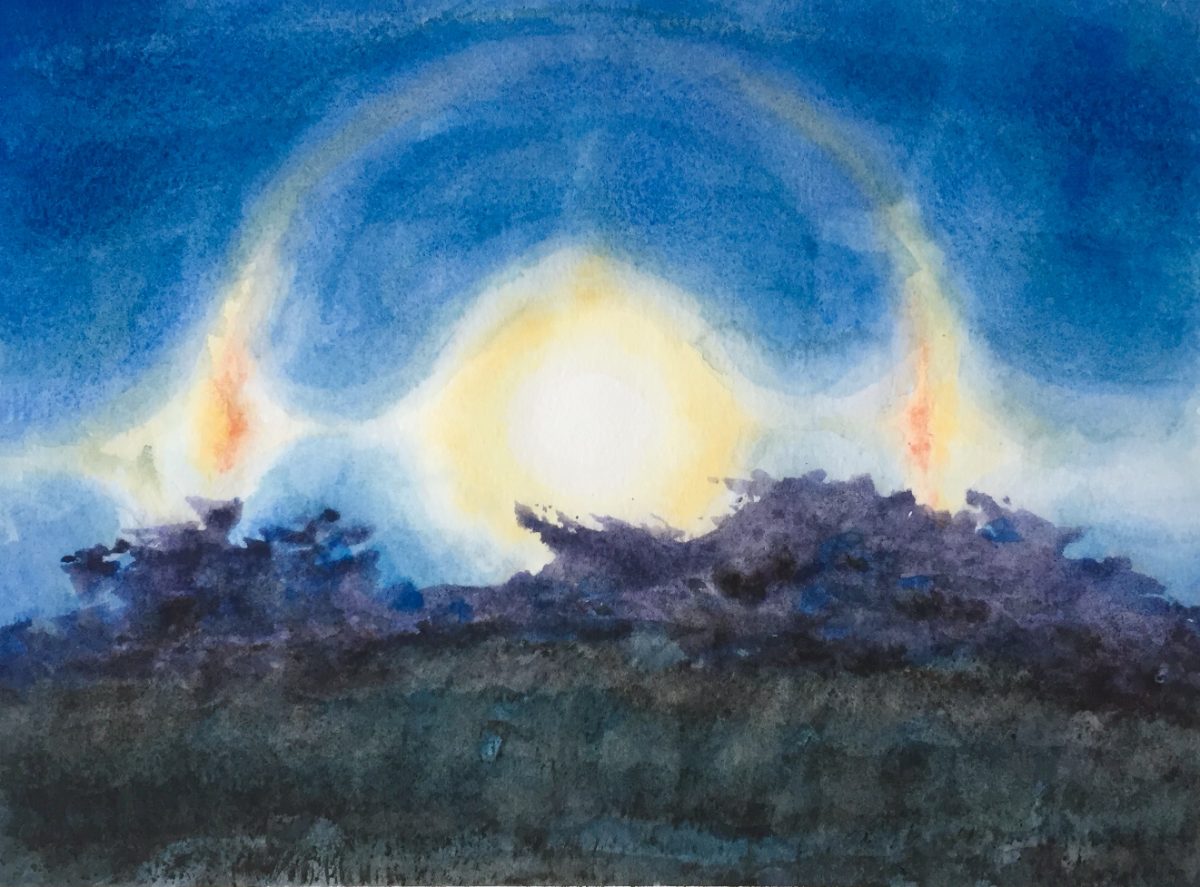 Watercolor: three glowing mock suns over a dark horizon